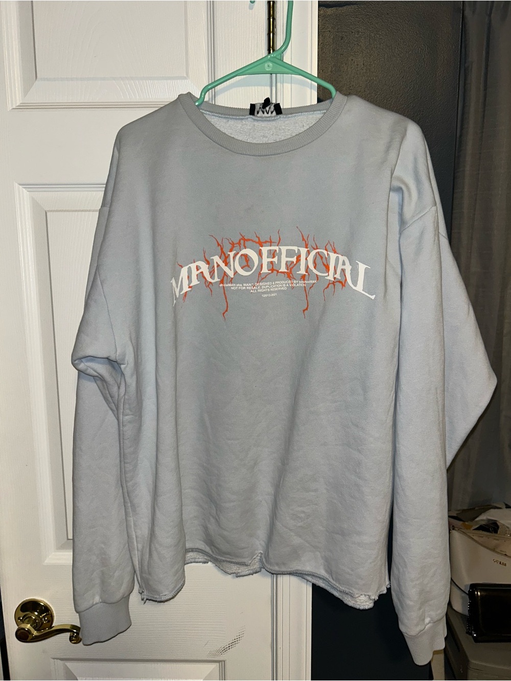 Boohoo Blue-Gray Crewneck Sweatshirt with White Logo and Red Graphic